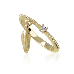 Zlatý prsten pírko DF 3843 ze žlutého zlata, s briliantem